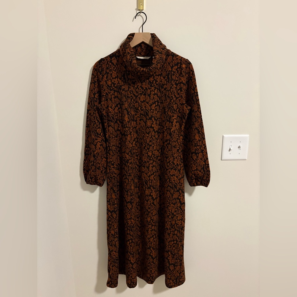 Soft Surroundings Floral Brown Black Metallic Turtleneck Sweater Dress Sz Medium